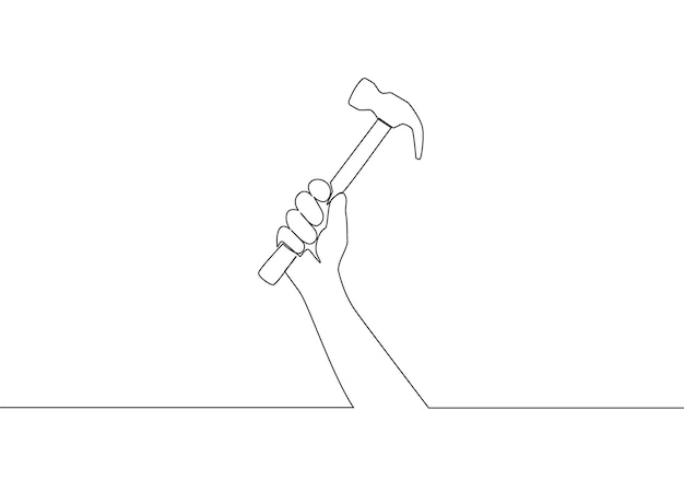 Single continuous line drawing of man holding hammer steel Handyman tools concept One line draw