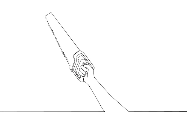 Single continuous line drawing of man holding manual hand saw Handyman tool concept One line draw