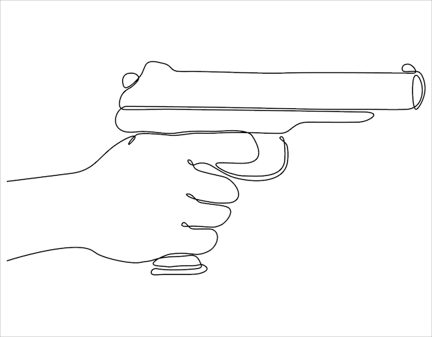 Single continuous line drawing of man holding revolver hand premium pistol vector