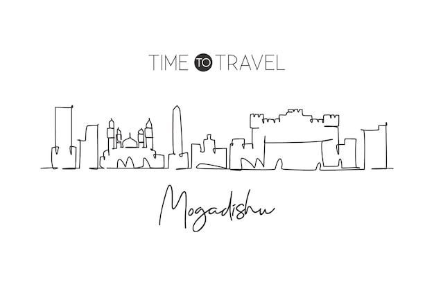 Single continuous line drawing of Mogadishu city skyline Somalia Famous city landscadesign vector