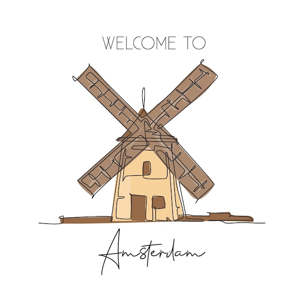 단일 연속 선 그리기 Molen De Adriaan Windmill 랜드마크 네덜란드의 아름다운 유명한 장소 세계 여행 홈 장식 벽면 아트 포스터 개념 현대적인 한 선 그리기 디자인 벡터 그림