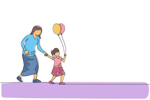 벡터 단일 연속 라인 드로잉 엄마와 그녀의 딸은 카니발에 가는 동안 아이는 풍선을 들고