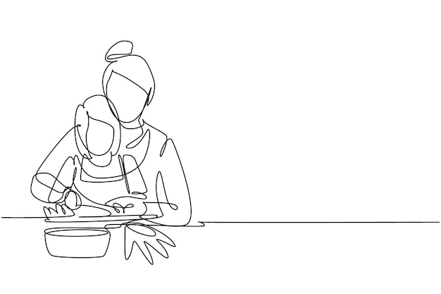 Vector single continuous line drawing mother teaching her little daughter to cut vegetables healthy food