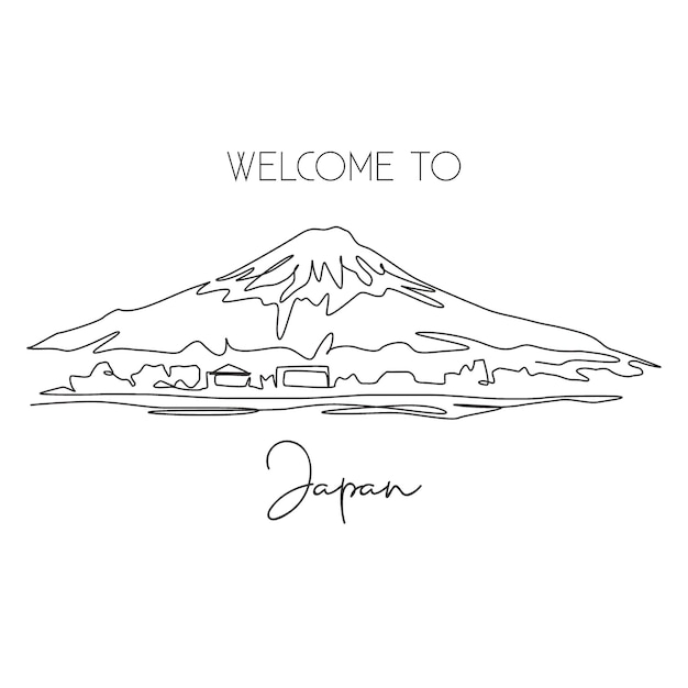 富士山の景色を描く単一連続ライン美しい本島日本世界デザインベクトル