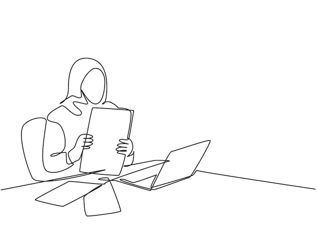 Single continuous line drawing muslim woman prepare business paper documents before business meeting