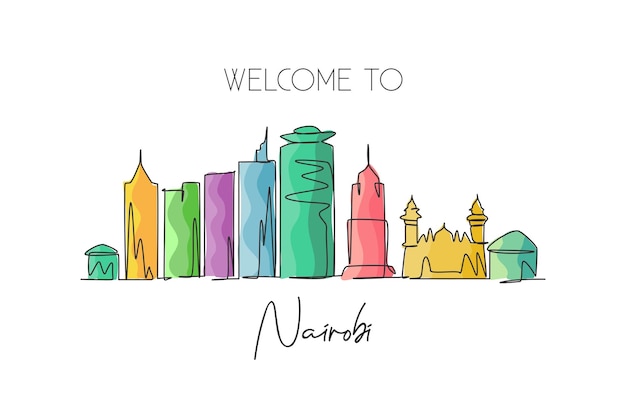 Disegno a linea continua della skyline di nairobi kenya famous scraper and landscape design vector