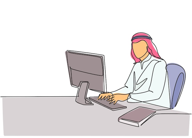 ベクトル オフィスのコンピューターでビジネス文書を入力するイスラム教徒の男性労働者の単一の連続線画