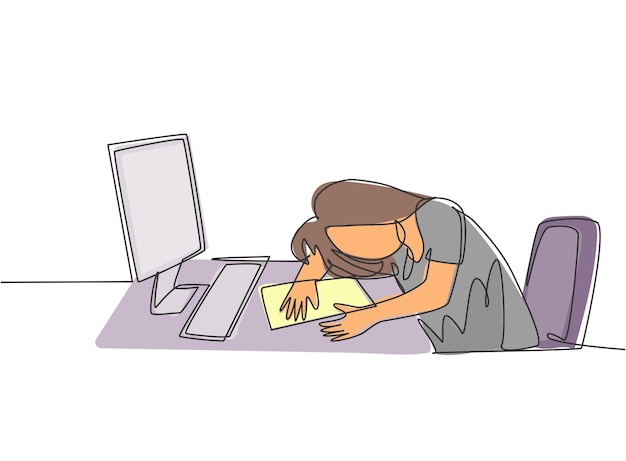 コンピューターを使って仕事机で寝ている疲れた女性従業員の単一の連続線画