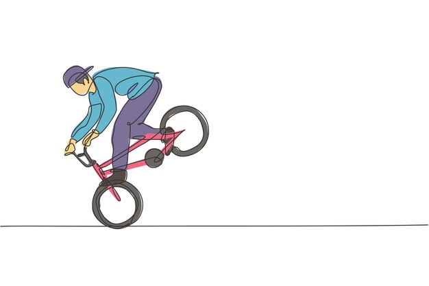 Вектор Единая непрерывная линия рисунка молодого велогонщика bmx показывает чрезвычайно рискованный трюк bmx вольным стилем