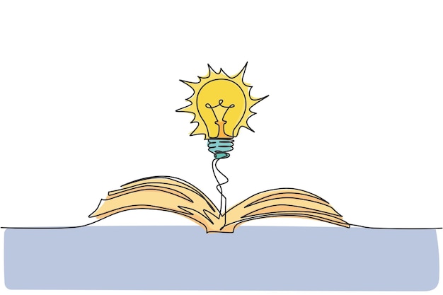 Vector single continuous line drawing open book with shining light bulb upside label public library icon