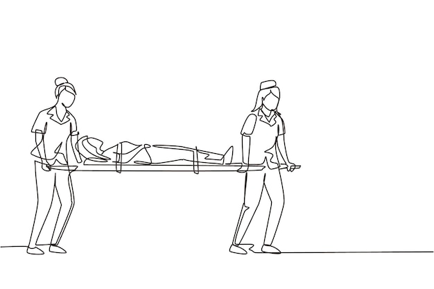 Single continuous line drawing paramedic team of woman doctors moving with injured sick patient