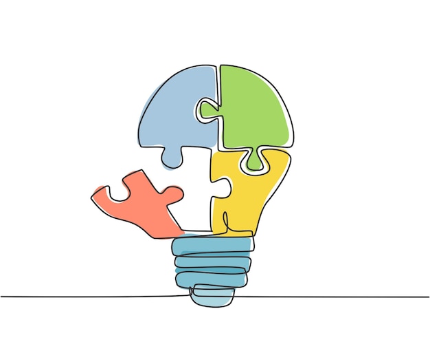 single continuous line drawing of part of puzzles forming light bulb label team smart company icon