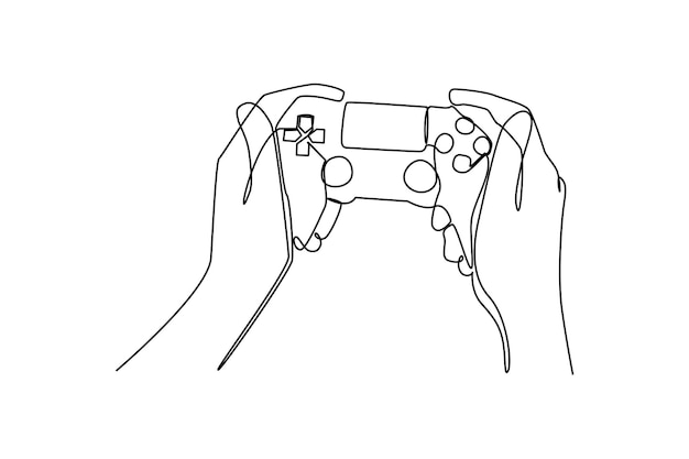 Vector single continuous line drawing of people playing play station with new joystick electronic small home business equipment concept modern one line draw design graphic vector illustration