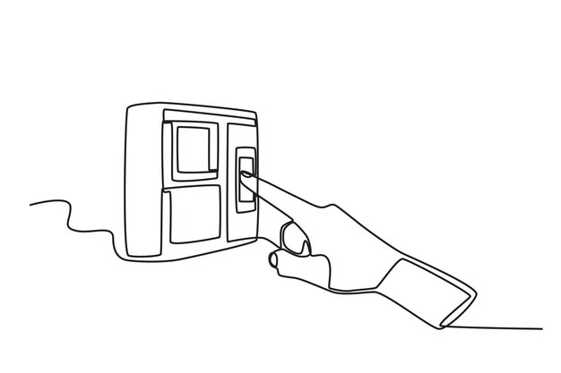 얼굴 ID 또는 생체인식 (Hand usin) 을 가진 휴대 전화를 사용하는 사람들의 단일 연속 라인 드로잉