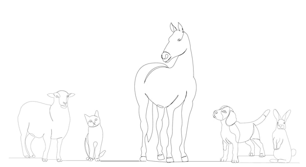 Disegno a linea continua singolo animali domestici cavallo, cane, gatto, pecora, coniglio