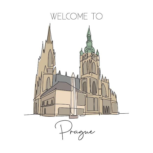 Single continuous line drawing Prague Castle landmark Ancient castle in the world at Czech Republic