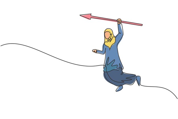 Vector single continuous line drawing pro female arab entrepreneur struggle hanging on edge of the ravine