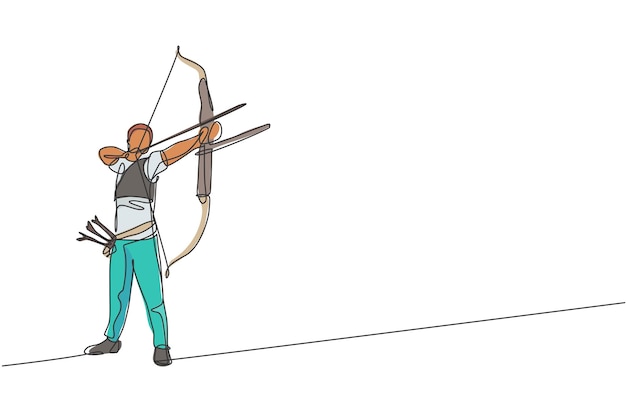 Disegno a linea continua di un arciere professionista che mira al bersaglio di tiro con l'arco
