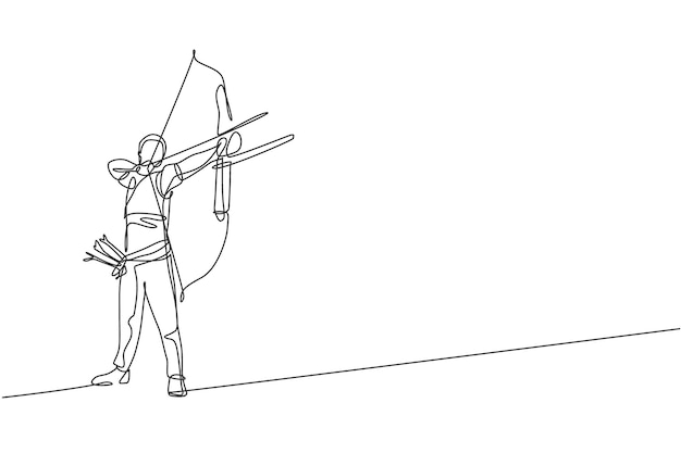 Single continuous line drawing of professional archer man focus aiming archery target design vector