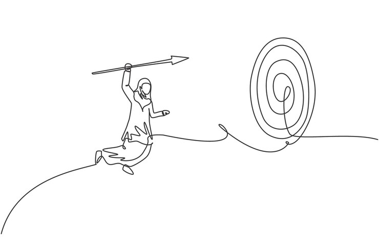 वेक्टर single continuous line drawing professional female arab entrepreneur jumping while hitting the goal