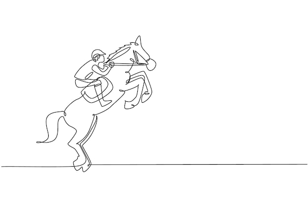 Single continuous line drawing of professional horseback rider try to tame the horse at the stables