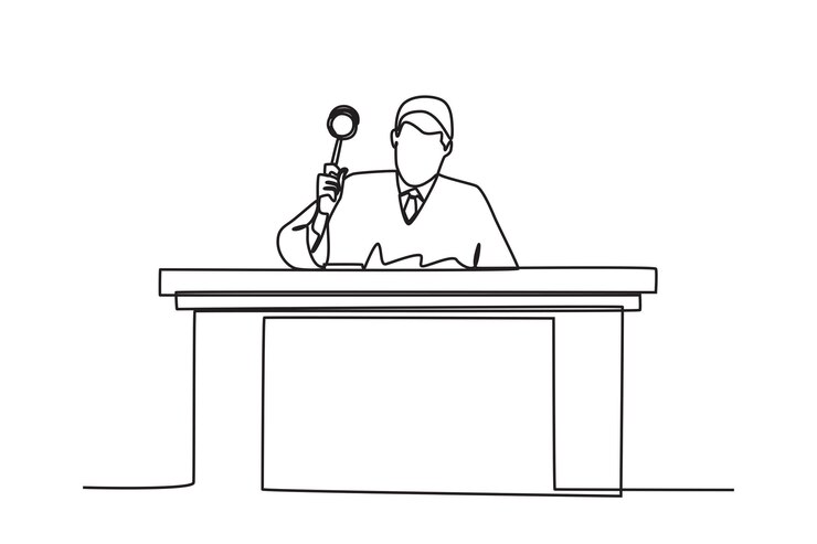 Vector single continuous line drawing professional loyer diplomacy male judge who wants to hit the gavel