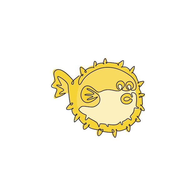 single continuous line drawing of pufferfish for marine logo blow fish chinese restaurant icon