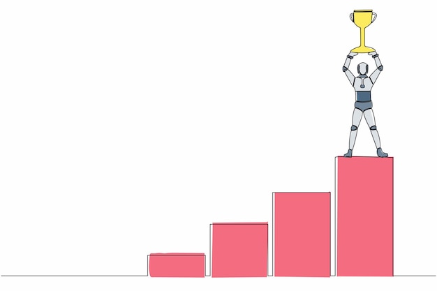 Single continuous line drawing robot climbing graph staircase to reach and lift trophy illustration