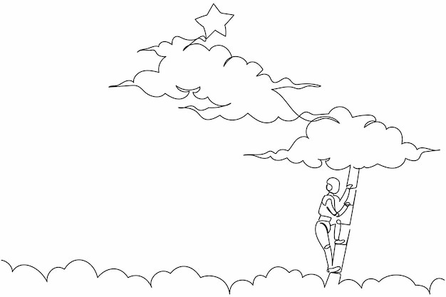 Single continuous line drawing robot climbing ladder to reach out for stars Motivation to success