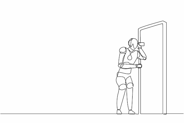 Single continuous line drawing robot eavesdropping and listening conversation at door illustration