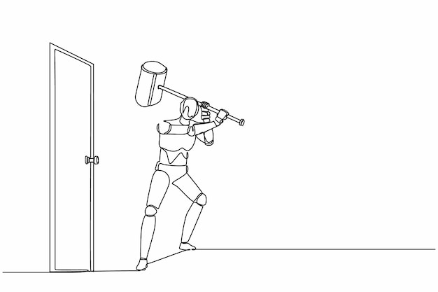 単一の連続線画ロボットが大きなハンマーを握ってドアを破壊するグラフィックデザインベクトル