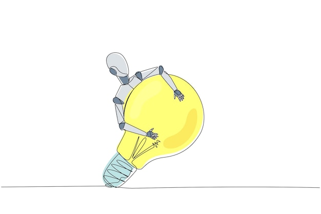 Single continuous line drawing robot hugging lightbulb Has idea to make robot that has humanlike