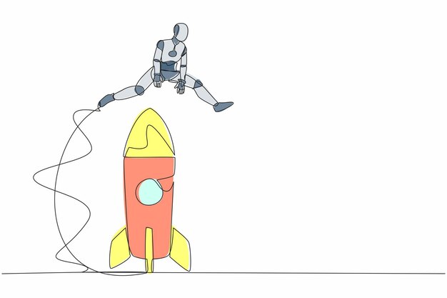 single continuous line drawing robot jumping over big rocket successful startup launch preparation