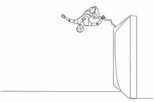 Vector single continuous line drawing robot jumping over brick wall with acrobatic style modern robotic