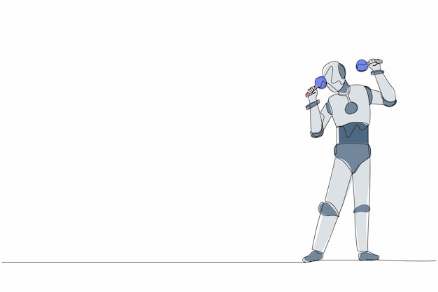 Single continuous line drawing robot performer with maracas musical instrument at music festival Robotic artificial intelligence Electronic technology industry One line design vector illustration