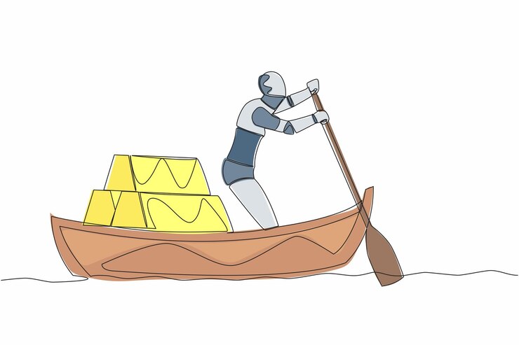 Vector 単一の連続的なライン描きロボットが金の積み重ねでボートで航海します 金の投資