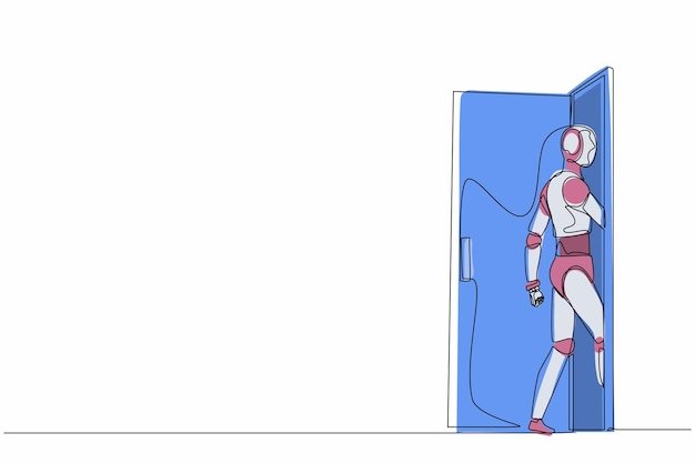 単一の連続ライン描画ロボットがドアデザインベクトルイラストを通って部屋に入ります