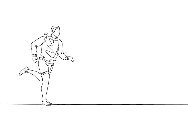 Single continuous line drawing runner man wearing hoodie running at city side Sport design vector