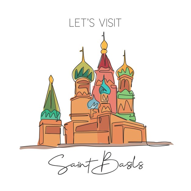 Vector single continuous line drawing saint basil's landmark wall art beauty famous place in moscow russia