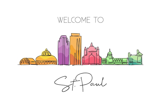 Single continuous line drawing Saint Paul skyline Minnesota Scraper landscape world design vector