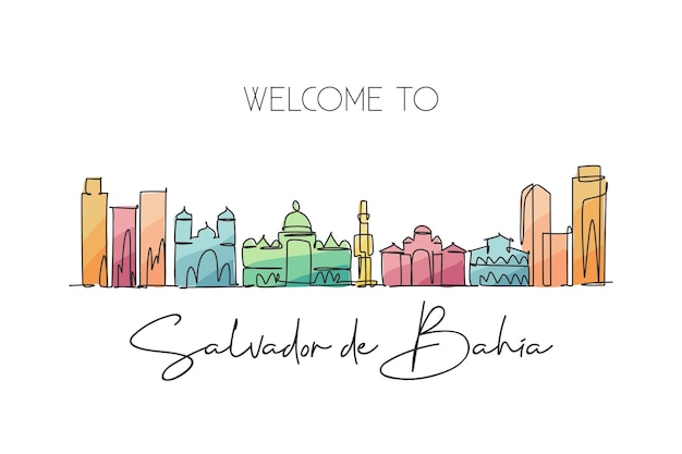 Single continuous line drawing of Salvador de Bahia skyline Brazil Famous city scraper landscape