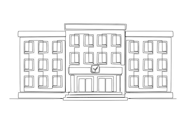 Vettore disegno a linea continua dell'edificio scolastico edificio architettonico domestico concetto di minimalismo isolato disegno dinamico a linea grafica illustrazione vettoriale su sfondo bianco