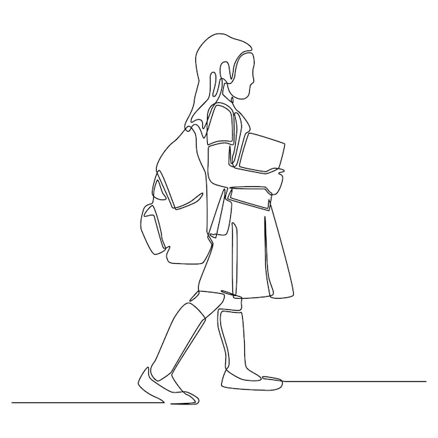 Single continuous line drawing of schoolgirl with bag walking to school end of school education concept one line draw design vector illustration