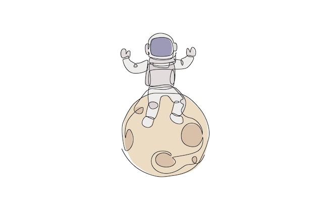 宇宙遊泳と満月のベクトルに座っている科学宇宙飛行士の単一の連続線画