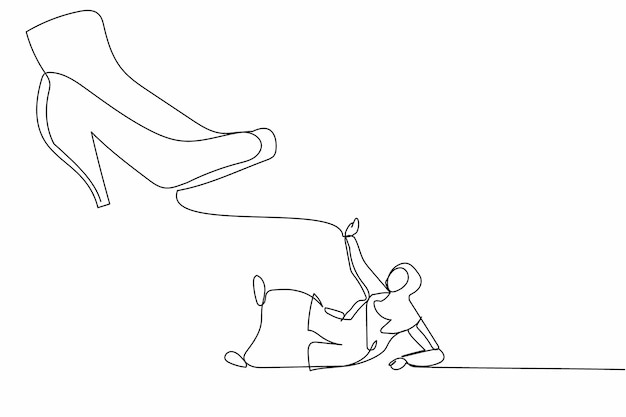single continuous line drawing small arabian businesswoman under the giant foot big boss foot