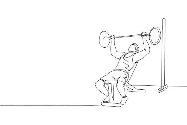 Single continuous line drawing sportive man training lifting barbell on bench press in sport club