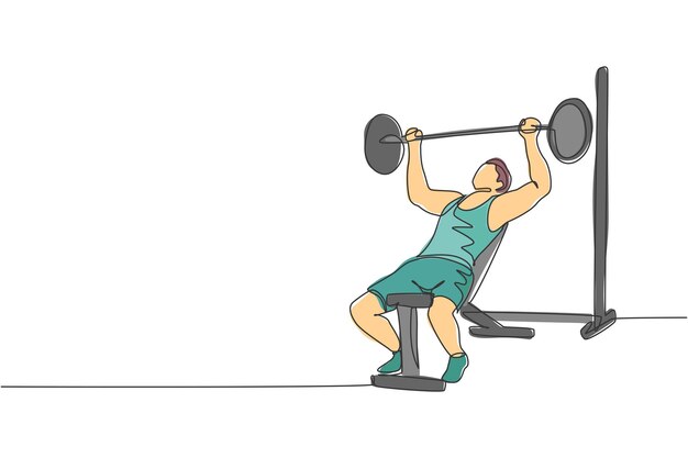 Single continuous line drawing sportive man training lifting barbell on bench press in sport club