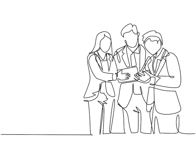 Single continuous line drawing of standing young male and female manager discussing company strategy