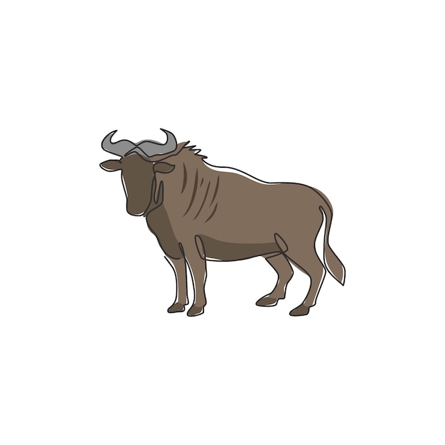 Single continuous line drawing of sturdy wildebeest organisation logo Big gnu mascot safari icon