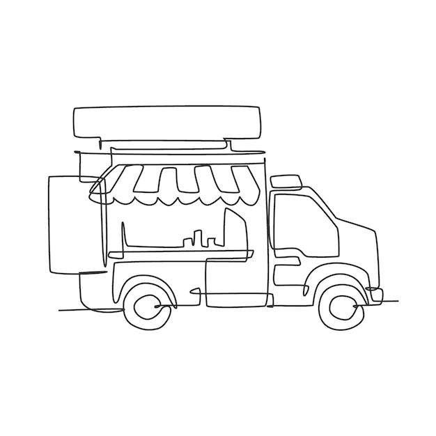 Vector single continuous line drawing of stylized food truck parking logo label mobile food design vector